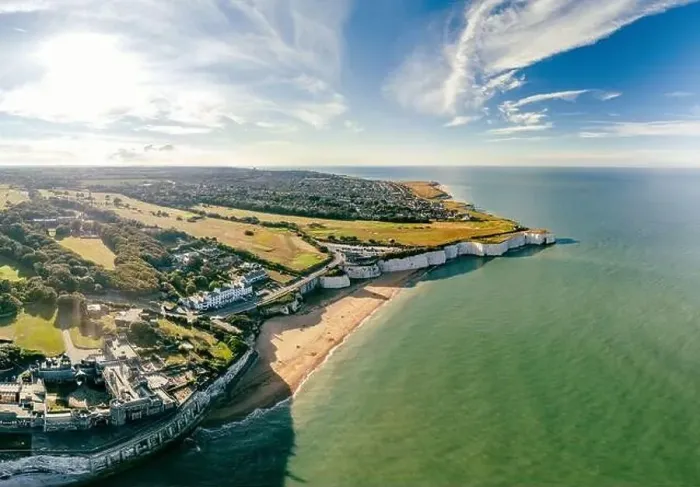 Framed Print : Drone aerial view of the beach and white cliffs, Botany Bay, England, UK Framed Print : Drone aerial view of the beach and white cliffs, Botany Bay, England, UK