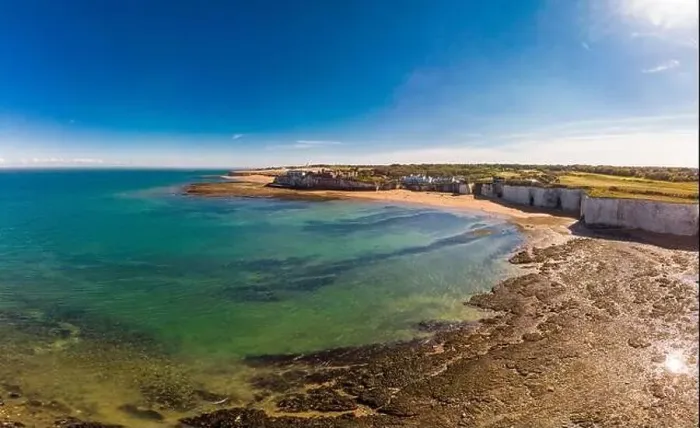 Framed Print : Drone aerial view of the beach and white cliffs on sunny day, Margate, England, UK Framed Print : Drone aerial view of the beach and white cliffs on sunny day, Margate, England, UK