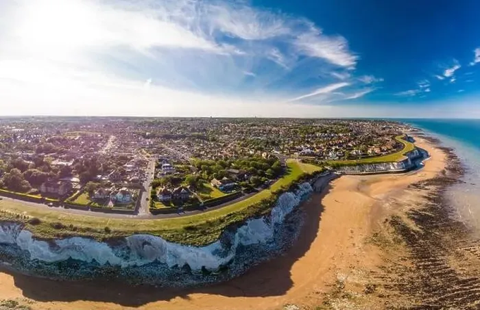 Framed Print : Drone aerial view of the beach and white cliffs on sunny day, Margate, England, UK Framed Print : Drone aerial view of the beach and white cliffs on sunny day, Margate, England, UK