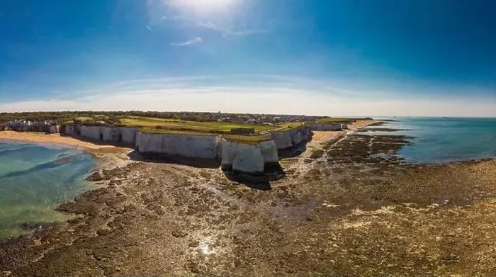 Framed Print : Drone aerial view of the beach and white cliffs on sunny day, Margate, England, UK Framed Print : Drone aerial view of the beach and white cliffs on sunny day, Margate, England, UK