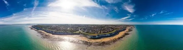 Framed Print : Drone aerial view of the beach and white cliffs on sunny day, Margate, England, UK Framed Print : Drone aerial view of the beach and white cliffs on sunny day, Margate, England, UK