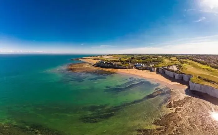 Framed Print : Drone aerial view of the beach and white cliffs on sunny day, Margate, England, UK Framed Print : Drone aerial view of the beach and white cliffs on sunny day, Margate, England, UK