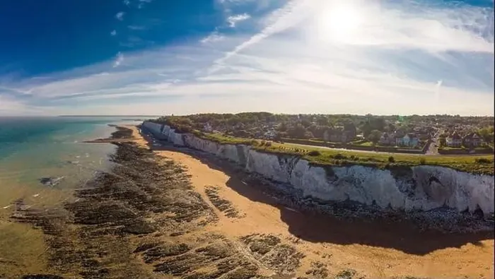 Framed Print : Drone aerial view of the beach and white cliffs on sunny day, Margate, England, UK Framed Print : Drone aerial view of the beach and white cliffs on sunny day, Margate, England, UK