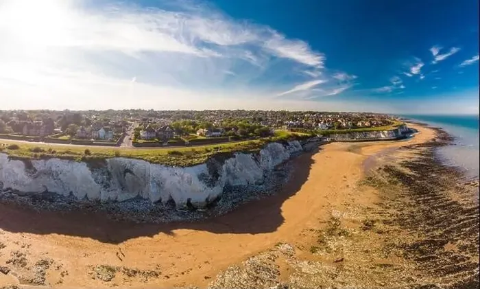 Framed Print : Drone aerial view of the beach and white cliffs on sunny day, Margate, England, UK Framed Print : Drone aerial view of the beach and white cliffs on sunny day, Margate, England, UK