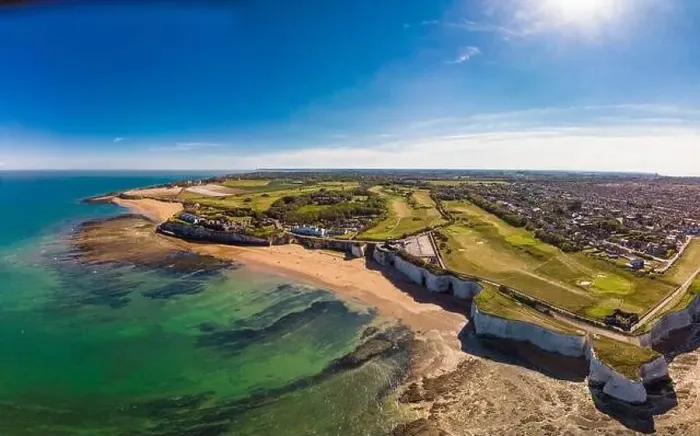 Framed Print : Drone aerial view of the beach and white cliffs on sunny day, Margate, England, UK Framed Print : Drone aerial view of the beach and white cliffs on sunny day, Margate, England, UK