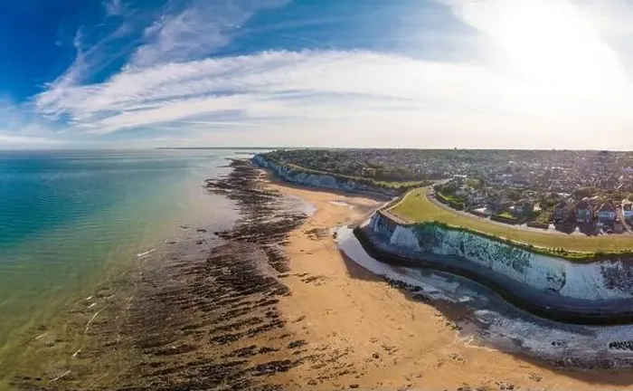 Framed Print : Drone aerial view of the beach and white cliffs on sunny day, Margate, England, UK Framed Print : Drone aerial view of the beach and white cliffs on sunny day, Margate, England, UK