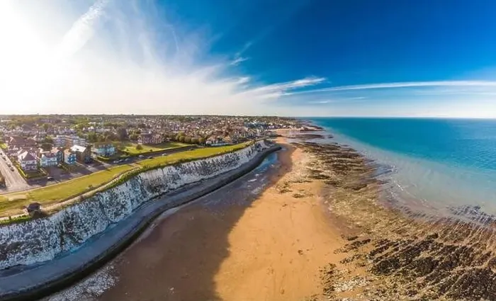 Framed Print : Drone aerial view of the beach and white cliffs on sunny day, Margate, England, UK Framed Print : Drone aerial view of the beach and white cliffs on sunny day, Margate, England, UK