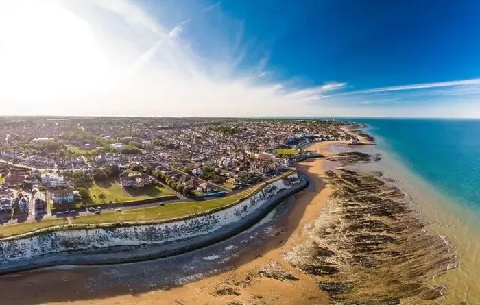Framed Print : Drone aerial view of the beach and white cliffs on sunny day, Margate, England, UK Framed Print : Drone aerial view of the beach and white cliffs on sunny day, Margate, England, UK