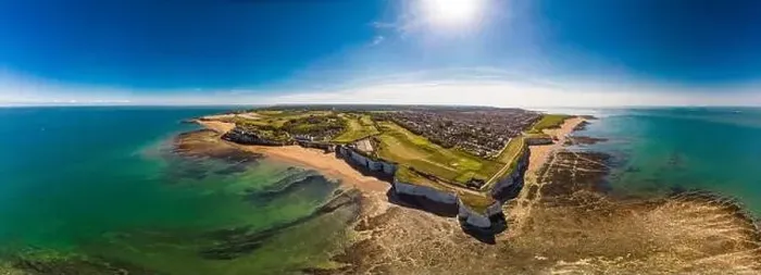 Framed Print : Drone aerial view of the beach and white cliffs on sunny day, Margate, England, UK Framed Print : Drone aerial view of the beach and white cliffs on sunny day, Margate, England, UK