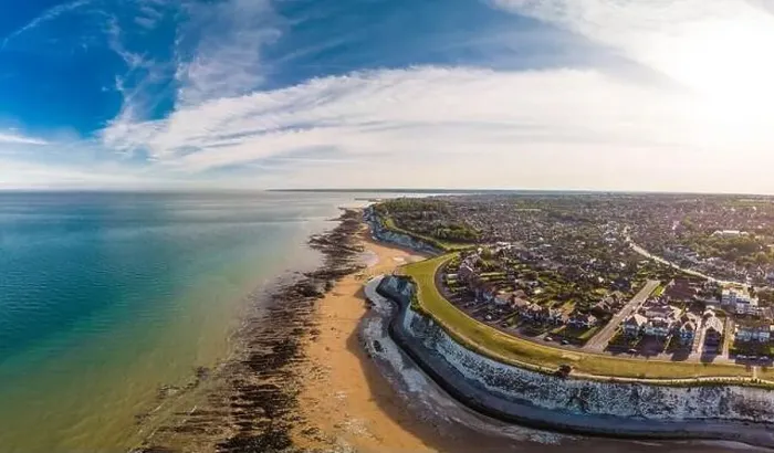 Framed Print : Drone aerial view of the beach and white cliffs on sunny day, Margate, England, UK Framed Print : Drone aerial view of the beach and white cliffs on sunny day, Margate, England, UK