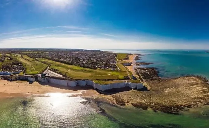 Framed Print : Drone aerial view of the beach and white cliffs on sunny day, Margate, England, UK Framed Print : Drone aerial view of the beach and white cliffs on sunny day, Margate, England, UK