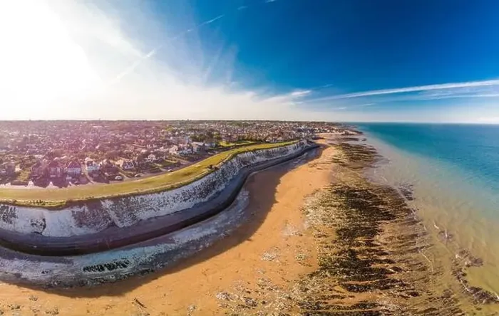 Framed Print : Drone aerial view of the beach and white cliffs on sunny day, Margate, England, UK Framed Print : Drone aerial view of the beach and white cliffs on sunny day, Margate, England, UK
