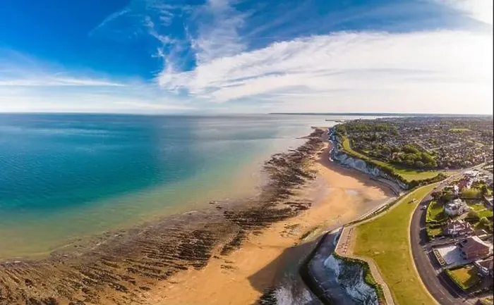 Framed Print : Drone aerial view of the beach and white cliffs on sunny day, Margate, England, UK Framed Print : Drone aerial view of the beach and white cliffs on sunny day, Margate, England, UK