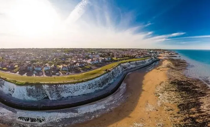 Framed Print : Drone aerial view of the beach and white cliffs on sunny day, Margate, England, UK Framed Print : Drone aerial view of the beach and white cliffs on sunny day, Margate, England, UK