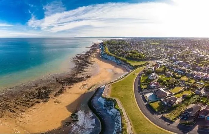 Framed Print : Drone aerial view of the beach and white cliffs on sunny day, Margate, England, UK Framed Print : Drone aerial view of the beach and white cliffs on sunny day, Margate, England, UK