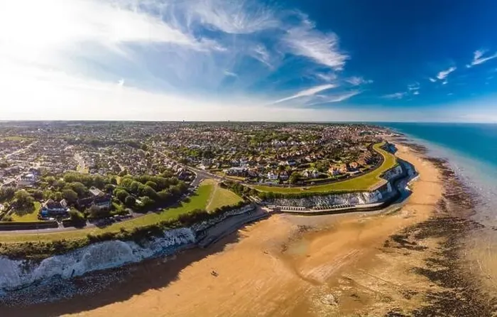 Framed Print : Drone aerial view of the beach and white cliffs on sunny day, Margate, England, UK