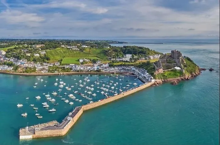 Framed Print : Drone aerial view of Gorey Harbour at high tide. Jersey, Channel Islands Framed Print : Drone aerial view of Gorey Harbour at high tide. Jersey, Channel Islands