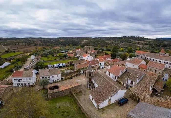 Framed Print : Drone aerial view of Idanha a velha historic village and landscape with Monsanto on the background, in Portugal Framed Print : Drone aerial view of Idanha a velha historic village and landscape with Monsanto on the background, in Portugal