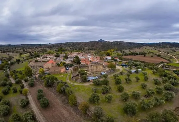 Framed Print : Drone aerial view of Idanha a velha historic village and landscape with Monsanto on the background, in Portugal Framed Print : Drone aerial view of Idanha a velha historic village and landscape with Monsanto on the background, in Portugal