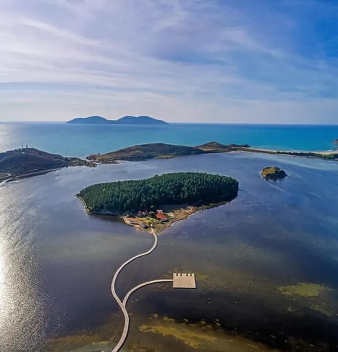 Framed Print : Drone aerial view on isolated Monastery of Saint Mary on Zvernec island (Narta Lagoon, Vlore, Albania) Framed Print : Drone aerial view on isolated Monastery of Saint Mary on Zvernec island (Narta Lagoon, Vlore, Albania)