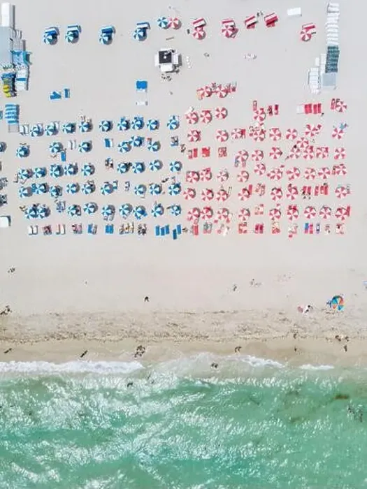 Framed Print : Drone aerial view at Miami South Beach Florida, Beach with colorful chairs and umbrellas Framed Print : Drone aerial view at Miami South Beach Florida, Beach with colorful chairs and umbrellas