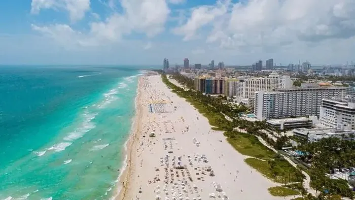 Framed Print : Drone aerial view at Miami South Beach Florida, Beach with colorful chairs and umbrellas Framed Print : Drone aerial view at Miami South Beach Florida, Beach with colorful chairs and umbrellas