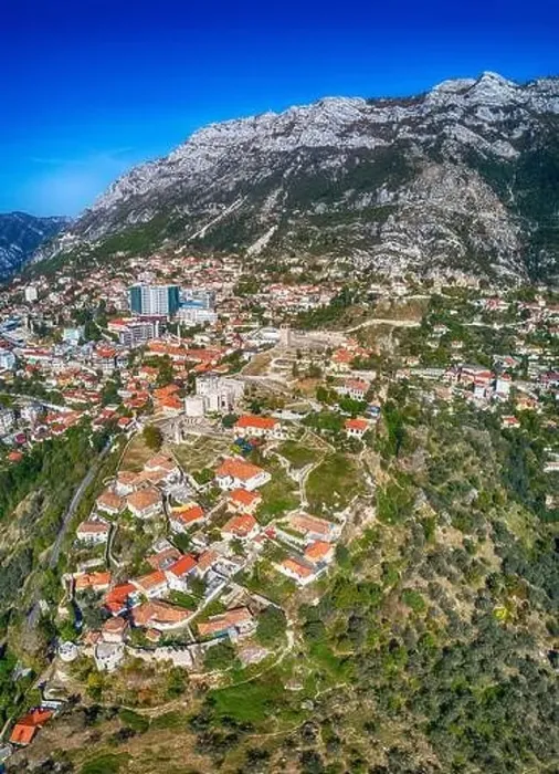 Framed Print : Drone aerial view on with ruins of Kruje castle in Albania Framed Print : Drone aerial view on with ruins of Kruje castle in Albania