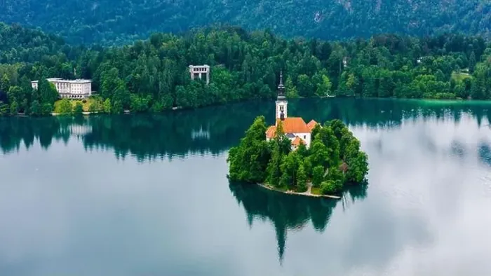 Framed Print : Drone Capture of Bled Church on a Foggy Summer Day Framed Print : Drone Capture of Bled Church on a Foggy Summer Day