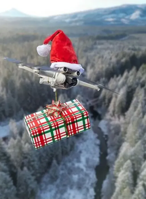 Framed Print : Drone concept wearing a santa hat and holding a wrapped gift out for delivery isolated over a rural landscape Framed Print : Drone concept wearing a santa hat and holding a wrapped gift out for delivery isolated over a rural landscape