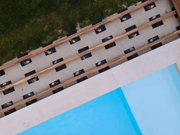 Framed Print : Drone flight over beautiful green garden with pool and the wooden terrace of the pool is currently in progress Framed Print : Drone flight over beautiful green garden with pool and the wooden terrace of the pool is currently in progress