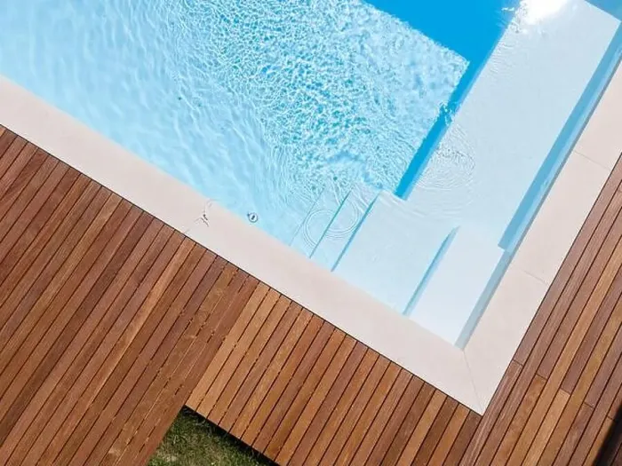Framed Print : Drone flight over pool with nice wooden terrace surrounded by green lawn in beautiful garden Framed Print : Drone flight over pool with nice wooden terrace surrounded by green lawn in beautiful garden