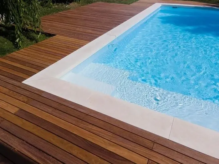 Framed Print : Drone flight over pool with nice wooden terrace surrounded by green lawn in beautiful garden Framed Print : Drone flight over pool with nice wooden terrace surrounded by green lawn in beautiful garden