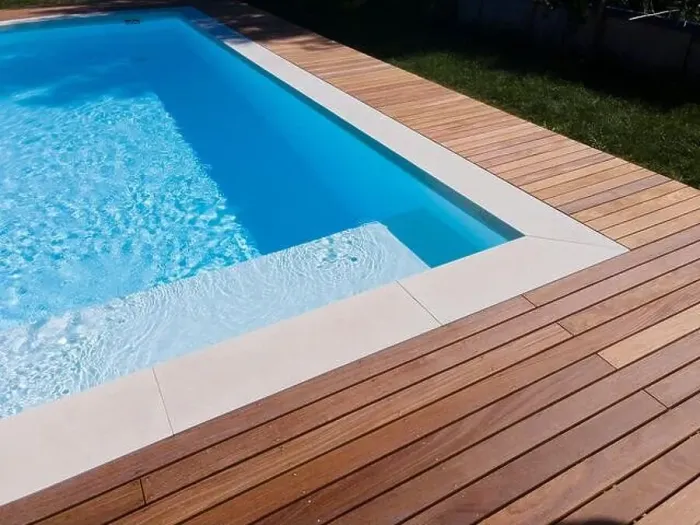 Framed Print : Drone flight over pool with nice wooden terrace surrounded by green lawn in beautiful garden Framed Print : Drone flight over pool with nice wooden terrace surrounded by green lawn in beautiful garden