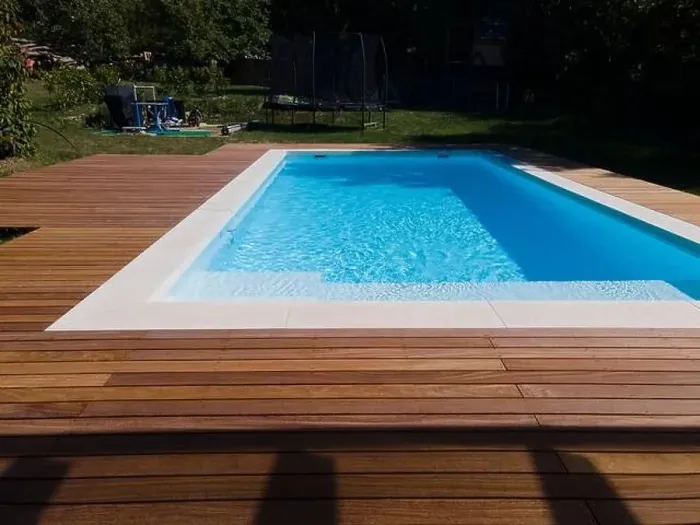 Framed Print : Drone flight over pool with nice wooden terrace surrounded by green lawn in beautiful garden Framed Print : Drone flight over pool with nice wooden terrace surrounded by green lawn in beautiful garden