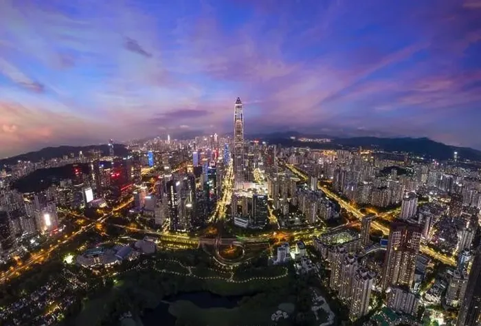 Framed Print : Drone fly over Shenzhen city central business district, aerial panorama China at night Framed Print : Drone fly over Shenzhen city central business district, aerial panorama China at night