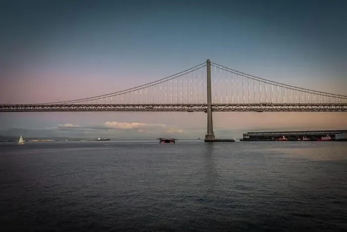 Framed Print : Drone flying at East Bay Bridge, San Francisco Framed Print : Drone flying at East Bay Bridge, San Francisco