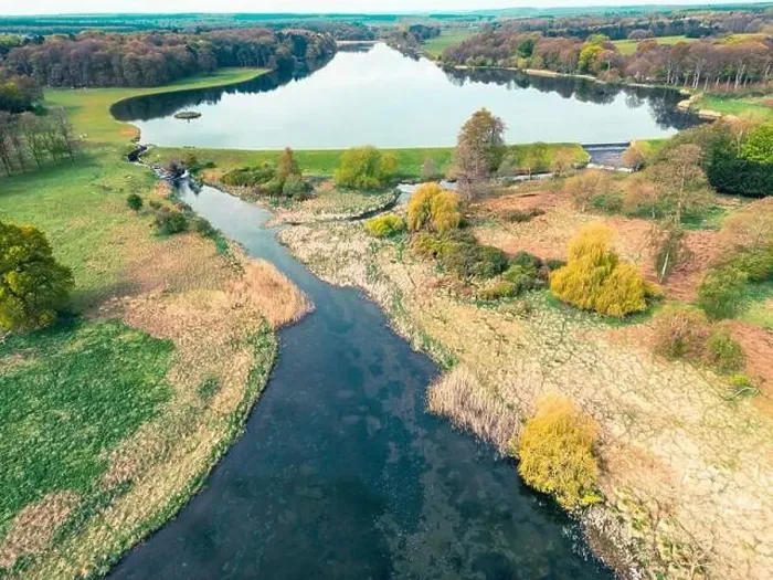 Framed Print : Drone high velvet view of a large lake and fresh water stream seen in the heart of Nottinghamshire, UK Framed Print : Drone high velvet view of a large lake and fresh water stream seen in the heart of Nottinghamshire, UK