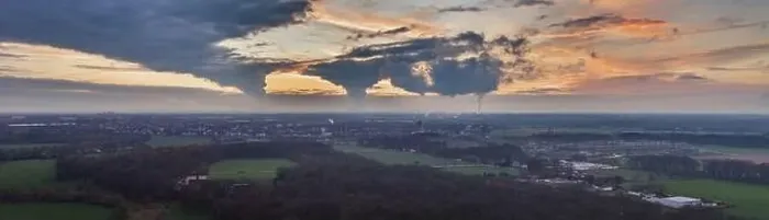 Framed Print : Drone image of the evening sky of the German industrial region of the Ruhr with several chimneys emitting large Framed Print : Drone image of the evening sky of the German industrial region of the Ruhr with several chimneys emitting large