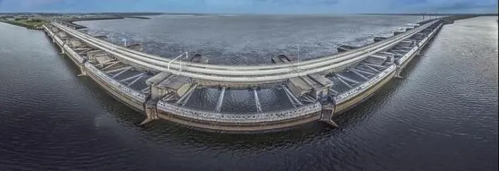 Framed Print : Drone image over the Haringvlietdam flood barrier near the Dutch town of Ouddorp against a cloudy morning sky Framed Print : Drone image over the Haringvlietdam flood barrier near the Dutch town of Ouddorp against a cloudy morning sky
