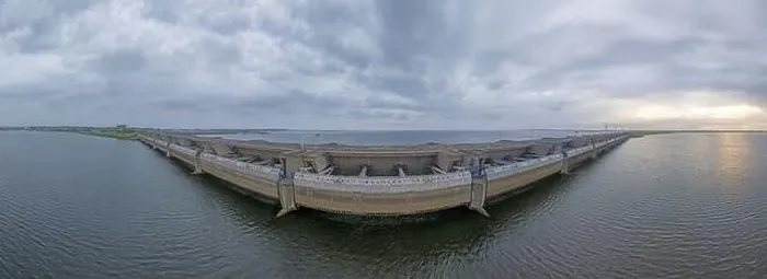 Framed Print : Drone image over the Haringvlietdam flood barrier near the Dutch town of Ouddorp against a cloudy morning sky Framed Print : Drone image over the Haringvlietdam flood barrier near the Dutch town of Ouddorp against a cloudy morning sky
