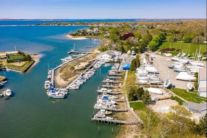 Framed Print : Drone image of the Island Boat Yard in Shelter Island, NY