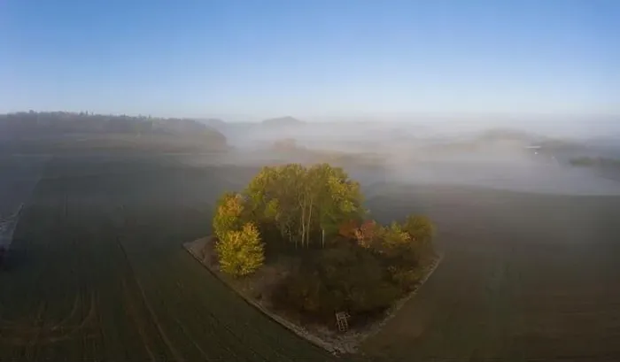 Framed Print : Drone image of morning ground fog over fields in the German province of North Hesse near the village of Rhoden in autumn
