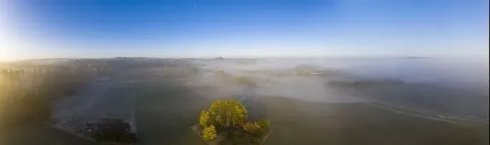 Framed Print : Drone image of morning ground fog over fields in the German province of North Hesse near the village of Rhoden in autumn Framed Print : Drone image of morning ground fog over fields in the German province of North Hesse near the village of Rhoden in autumn
