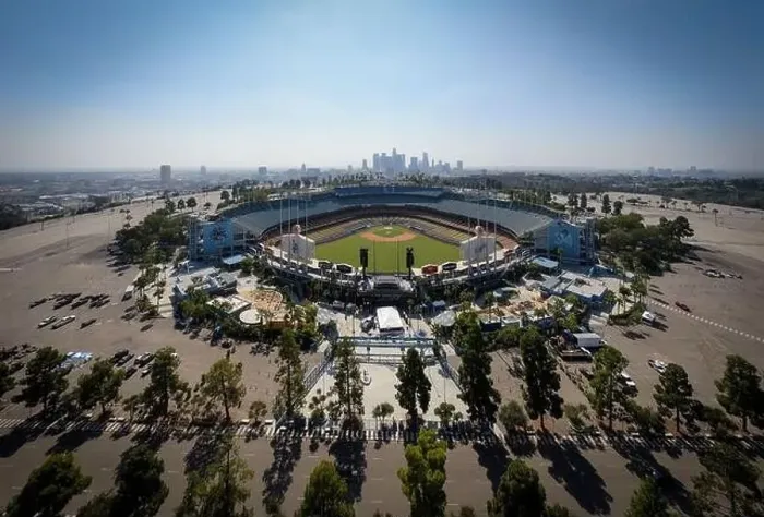 Framed Print : Drone images of Dodger Stadium with the Los Angeles skyline visible in a few shots Framed Print : Drone images of Dodger Stadium with the Los Angeles skyline visible in a few shots