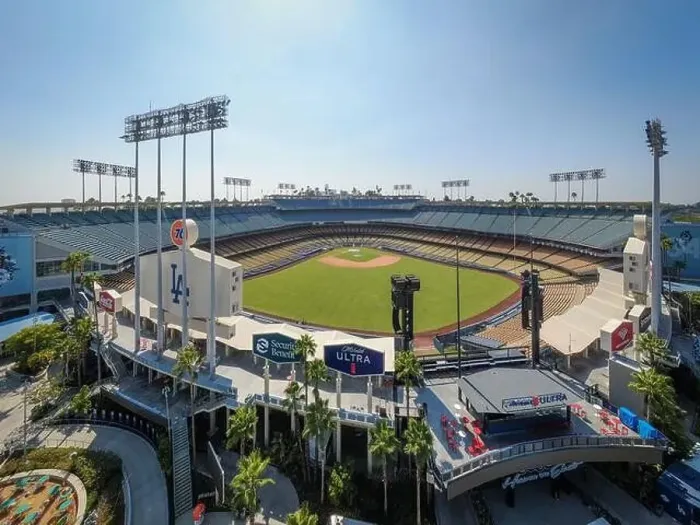 Framed Print : Drone images of Dodger Stadium with the Los Angeles skyline visible in a few shots