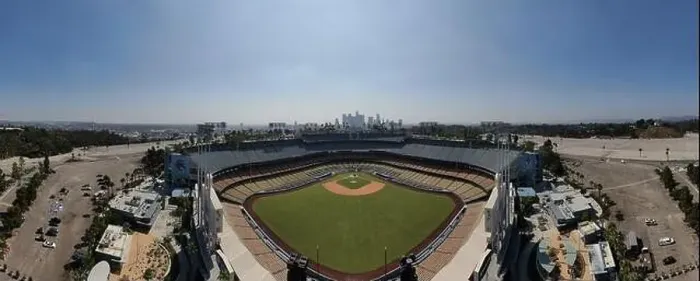 Framed Print : Drone images of Dodger Stadium with the Los Angeles skyline visible in a few shots Framed Print : Drone images of Dodger Stadium with the Los Angeles skyline visible in a few shots