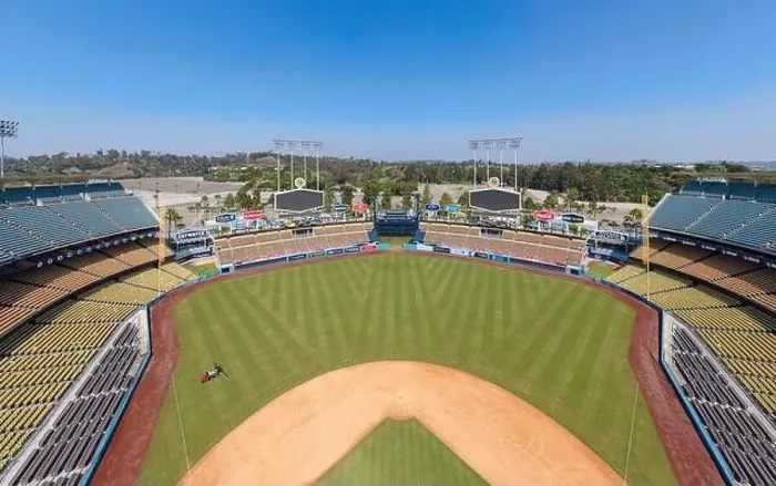 Framed Print : Drone images of Dodger Stadium with the Los Angeles skyline visible in a few shots Framed Print : Drone images of Dodger Stadium with the Los Angeles skyline visible in a few shots