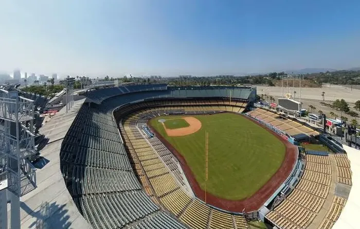 Framed Print : Drone images of Dodger Stadium with the Los Angeles skyline visible in a few shots Framed Print : Drone images of Dodger Stadium with the Los Angeles skyline visible in a few shots