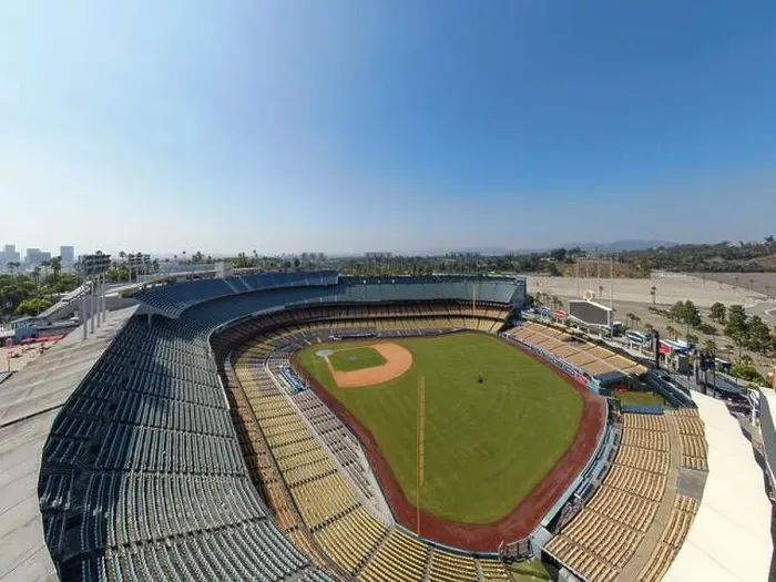 Framed Print : Drone images of Dodger Stadium with the Los Angeles skyline visible in a few shots Framed Print : Drone images of Dodger Stadium with the Los Angeles skyline visible in a few shots