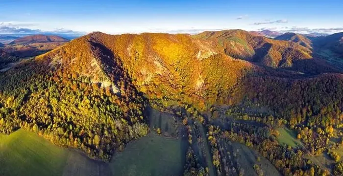 Framed Print : Drone mountain panorama with autumn forest Framed Print : Drone mountain panorama with autumn forest